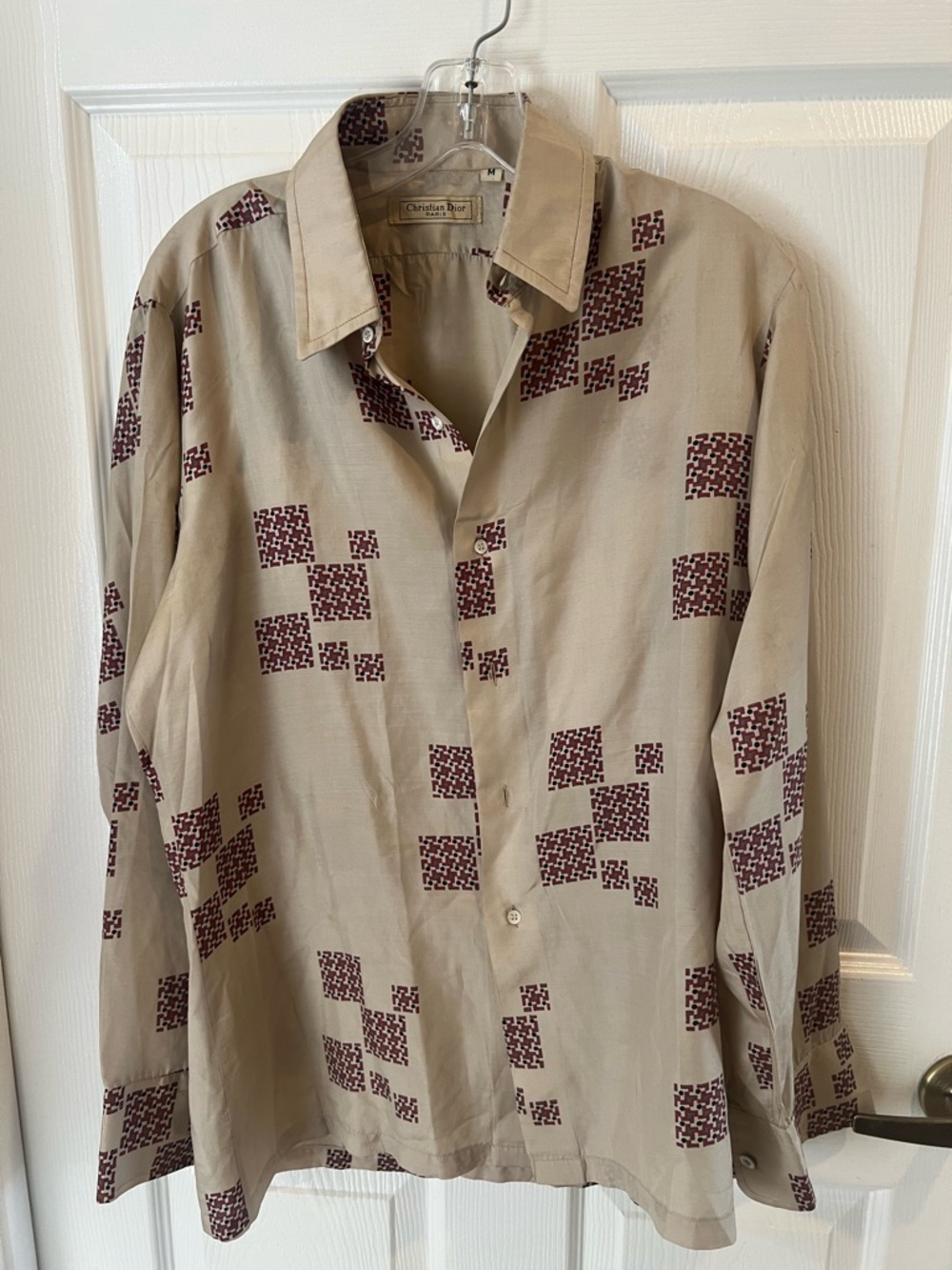 Vintage Dior Beige Shirt with Maroon Geometric Print
